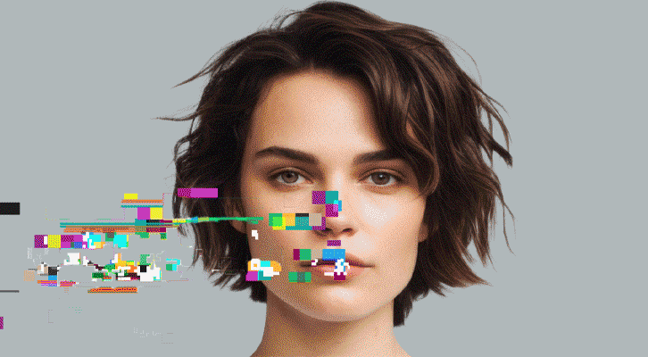 Overlapping portraits with digital glitch effect.