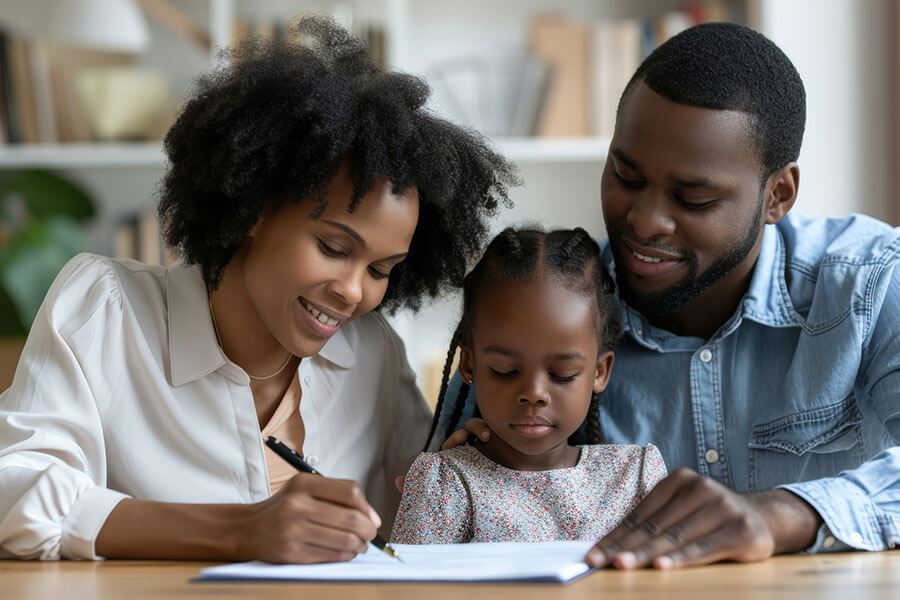 A family with mom, dad, and daughter reviewing a document as mom signs it.