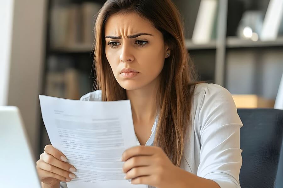 A young woman in a white shirt reads a document with a concerned.