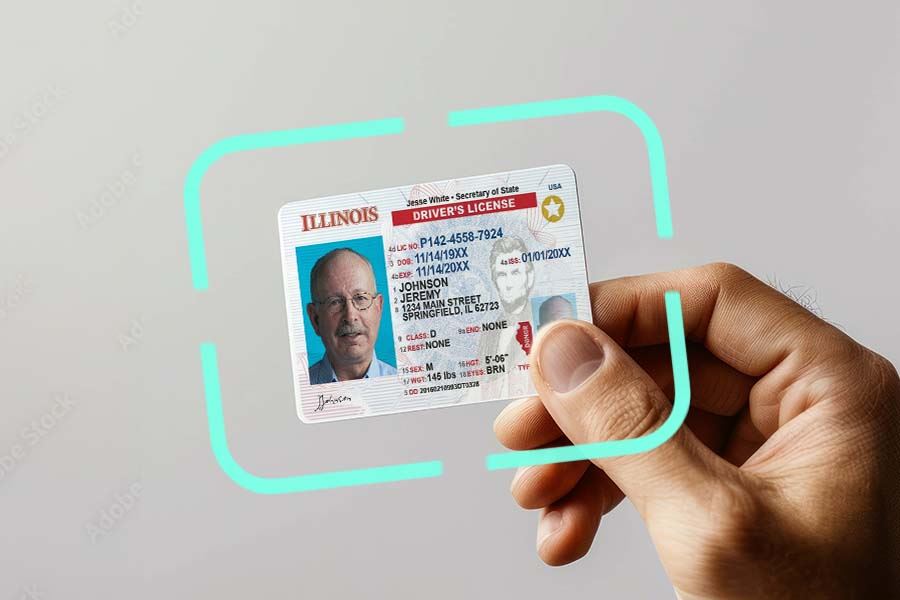 Male hand holding a driver's license of an Illinois resident