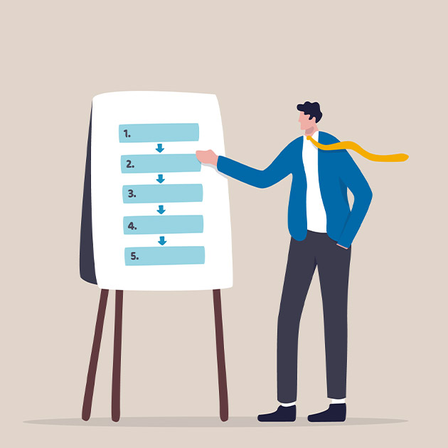 illustration of a man pointing to five steps on a presentation board