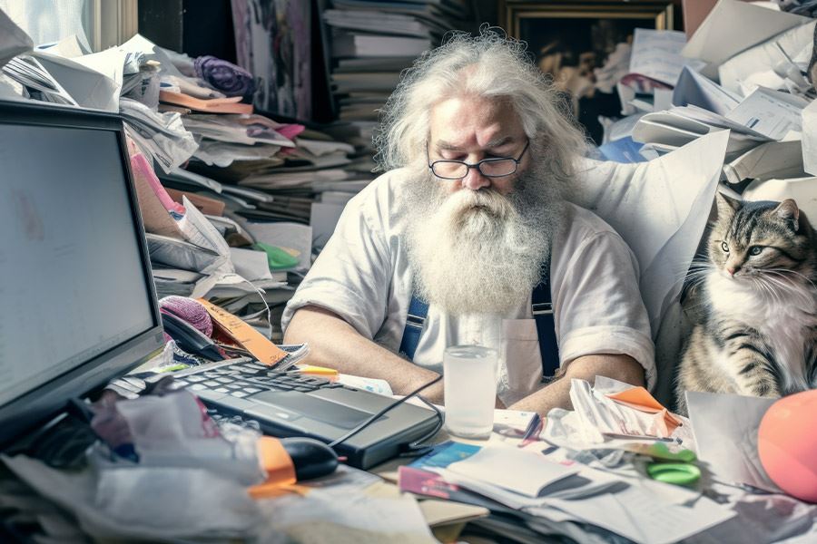 A hoarder in a cluttered room filled with belongings