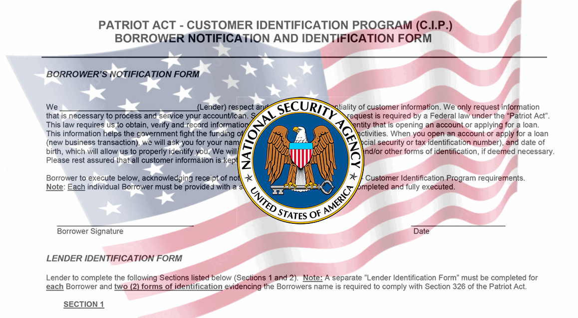 NSA Patriot Act CIP forms with the National Security Agency seal
