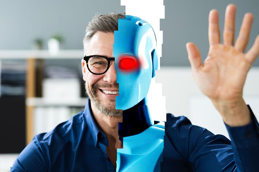 Smiling man with half human face and half robot face