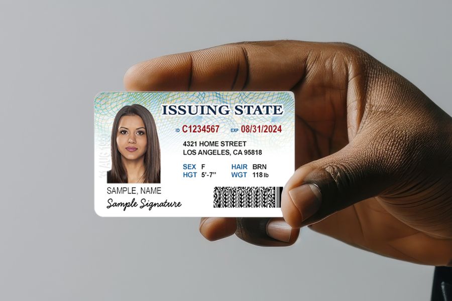 A hand holding a sample state ID card with placeholder information and a photo.