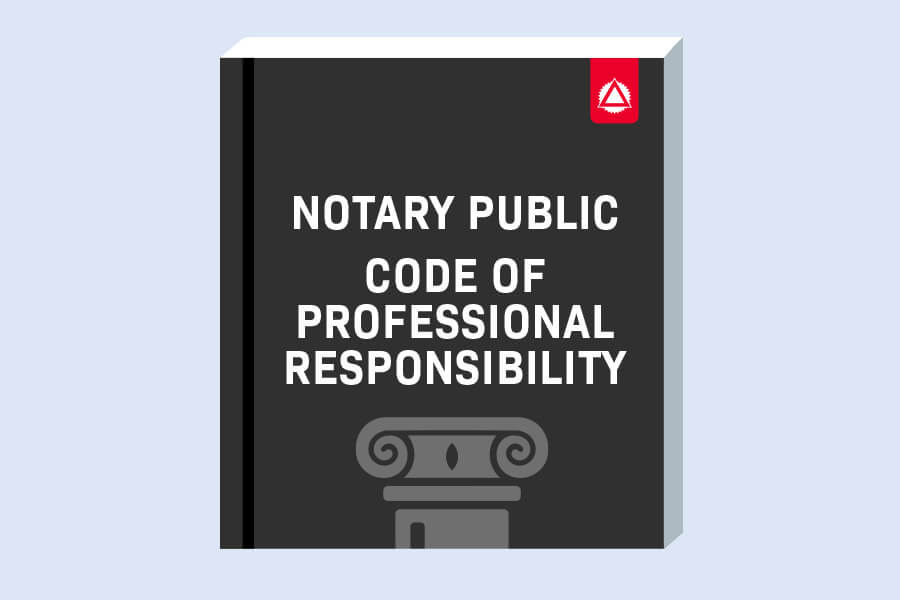 A black book cover titled NOTARY PUBLIC CODE OF PROFESSIONAL RESPONSIBILITY