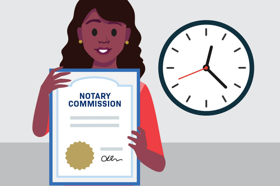 Illustration of a woman holding a Notary Commission certificate next to a wall clock.