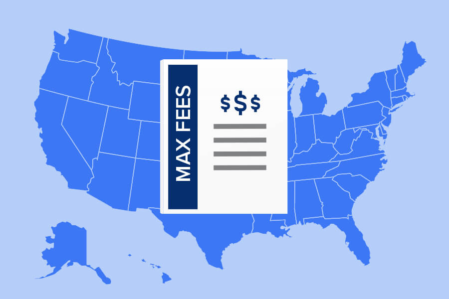 Blue US map with 'MAX FEES' document icon overlaid