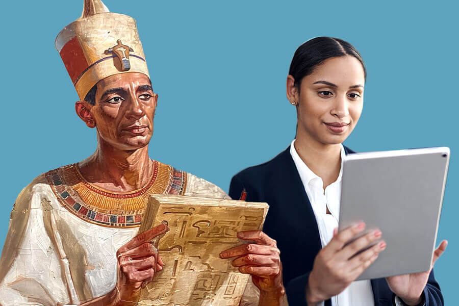 Ancient Egyptian figure holding hieroglyphic tablet alongside modern businesswoman using digital tablet.