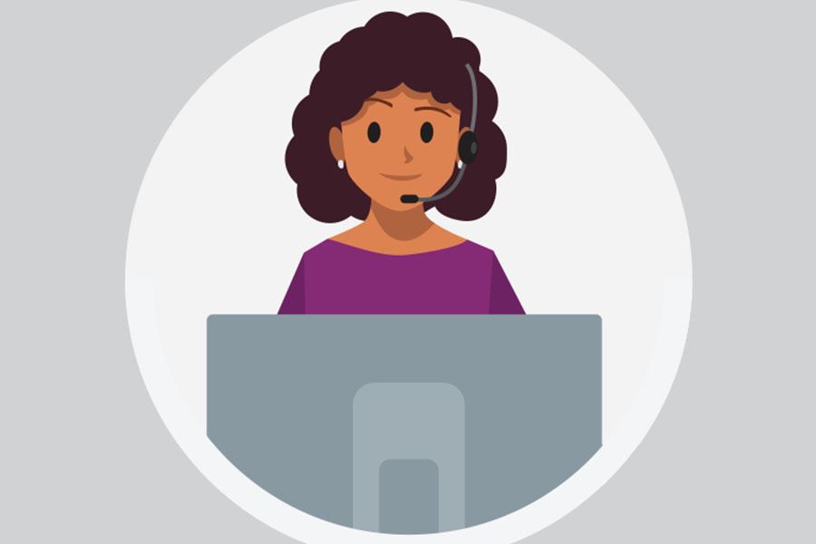 Illustration of a female Notary sitting at a desk with a desktop computer.