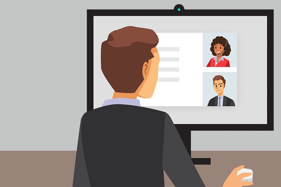 Illustration of a male Notary video calling two clients on a desktop screen.