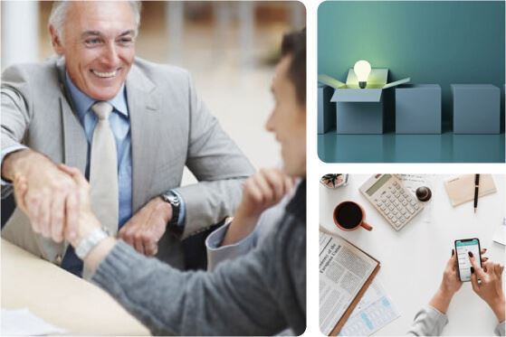 Collage of business scenes - a meeting between professionals, a glowing lightbulb on boxes, and a desk workspace with phone and coffee.