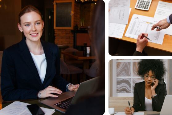 Collage of three images: A female notary smiles while speaking with a client, while another image shows two people reviewing a document, and a third features a woman on a phone call taking notes.