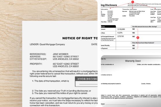 Mortgage documents including a Notice of Right to Cancel and closing disclosure forms on a wooden background.