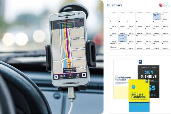 Collage showing a smartphone with navigation app in a car mount, a January calendar, and book covers about success and thriving.