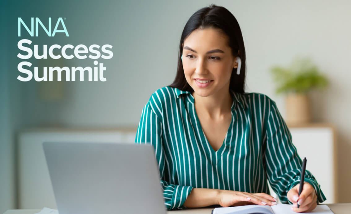 A woman writing in a notebook while looking at a laptop, with NNA Success Summit text beside her.