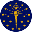 circular Indiana State Flag with a light bluish-purple background.