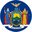 circular New York State Flag with a light bluish-purple background.